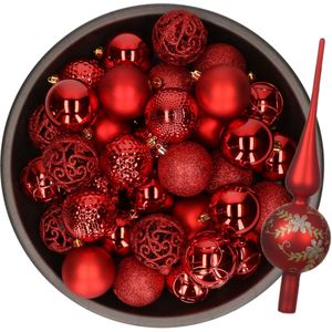 Kerstversiering set - 38-dlg - rood - kunststof kerstballen en glazen piek