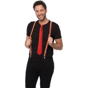 Carnaval verkleedset bretels en stropdas - regenboog - rood - volwassenen/unisex - feestkleding