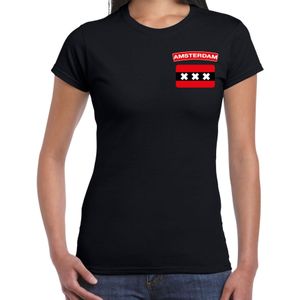 Amsterdam t-shirt met vlag zwart op borst voor dames - Amsterdam steden shirt - 020 supporter kleding