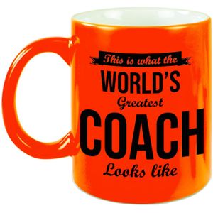 What the worlds greatest coach looks like mok - cadeau mok/beker - neon oranje - 330 ml - trainer bedankt cadeau
