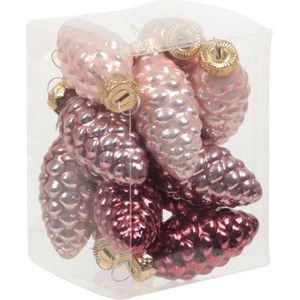 12x Dennenappel kersthangers/kerstballen roze tinten van glas - 6 cm - mat/glans - Kerstboomversiering