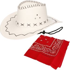 Cowboy verkleed set Cowboyhoed ecru wit met rode western zakdoek