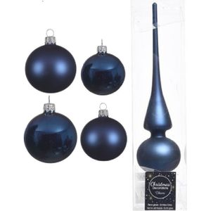 Compleet glazen kerstballen pakket donkerblauw glans/mat 38x stuks - 18x 4 cm en 20x 6 cm - Inclusief piek mat