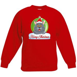 Kersttrui Merry Christmas grijze kat / poes kerstbal rood jongens en meisjes - Kerstruien kind