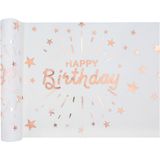 Feest/verjaardag tafelkleed met tafelloper op rol - wit/rose goud - Happy birthday tekst