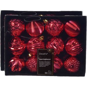 Decoris kerstballen gedecoreerd - 24x - 6 cm -kunststof - rood