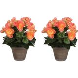 2x Zalmroze Begonia Kunstplanten 30 cm In Grijze Pot - Kunstplanten/Nepplanten