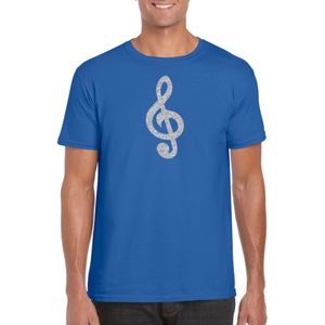 Zilveren muzieknoot G-sleutel / muziek feest t-shirt / kleding - blauw - voor heren - muziek shirts / muziek liefhebber / outfit