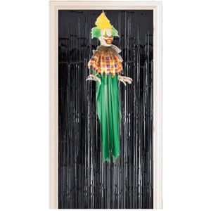 Horror decoratie pakket hangende horrorclown pop met zwart deurgordijn - Halloween thema versiering