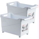 Set van 2x stuks kunststof trolleys wit op wieltjes L45 x B24 x H27 cm - Voorraad/opberg boxen/bakken