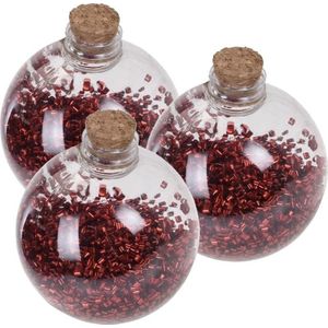 3x Transparante fles kerstballen met rode glitters 8 cm - Onbreekbare kerstballen - Kerstboomversiering rood