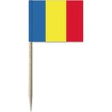 50x Cocktailprikkers RoemeniÃÂ« 8 cm vlaggetje landen decoratie - Houten spiesjes met papieren vlaggetje - Wegwerp prikkertjes