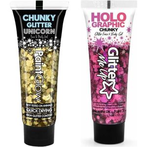 Paintglow Chunky Glittergel voor lichaam en gezicht - 2 tubes - goud en fuchsia - 12 ml