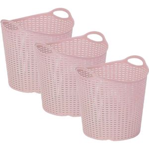 Plasticforte Gevlochten wasmand/opbergmand - 3x - flexibel - roze - 27 liter - rond - kunststof - 40 x 37 cm
