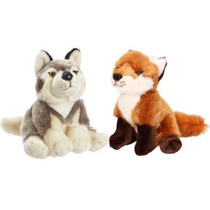 Nature Planet - Pluche bos knuffels - set 2x - Wolf en Vos - 18 cm