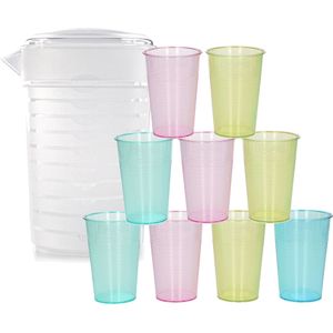 Water/limonade schenkkan/sapkan 2 liter met 12x stuks kunststof gekleurde glazen van 200 ML voordeelset