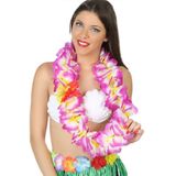 Carnaval verkleed set - Tropische Hawaii party - strohoed - met volle bloemenslinger in paars - voor volwassenen