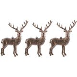 3x Kersthangers figuurtjes hertje met glitters koperbruin 14 cm - Herten dieren thema kerstboomhangers