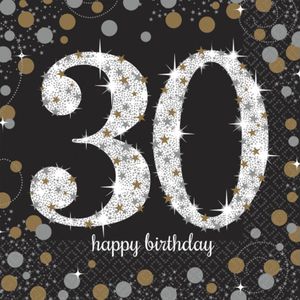 16x stuks 30 jaar verjaardag feest servetten zwart met confetti print 33 x 33 cm - Wegwerp servetjes