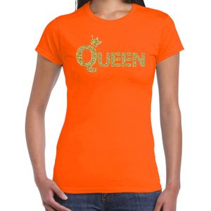 Koningsdag Queen t-shirt oranje met gouden letters en kroon dames - Koningsdag kleding / outfit