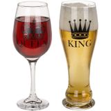 Wijnglas en bierglas set King en Queen - Wijnglazen/Bierglazen - Voor hem en haar - Bruiloft cadeau