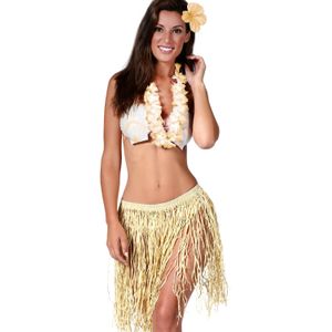 Fiestas Guirca Hawaii verkleed set - volwassenen - naturel - rieten rok/bloemenkrans/haarclip bloem