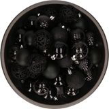 37x stuks kunststof/plastic kerstballen zwart 6 cm mix - Onbreekbaar - Kerstboomversiering/kerstversiering