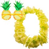 Tropische Hawaii party verkleed accessoires set - Ananas zonnebril - en bloemenkrans fluor geel - voor dames