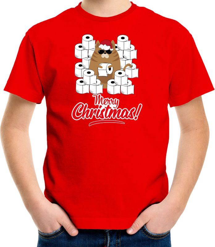 Fout Kerstshirt / Kerst t-shirt met hamsterende kat Merry Christmas rood voor kinderen- Kerstkleding / Christmas outfit