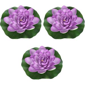 3x Paarse drijvende kunst waterlelie bloemen 18 cm - Tuinaccessoires - Vijverbenodigdheden - Vijverdecoratie - Nep/kunst bloemen/planten - Waterlelies