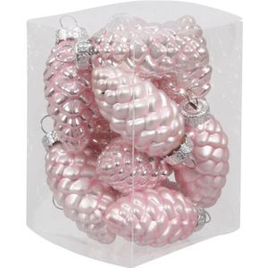 12x Dennenappel kersthangers/kerstballen roze (powder) van glas - 6 cm - mat/glans - Kerstboomversiering