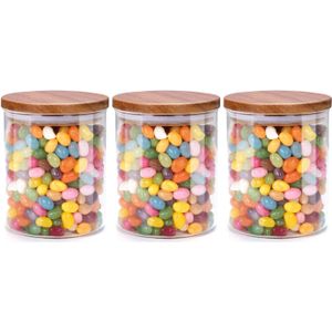 Voorraadpot/bewaarpot Foodking - 3x - borosilicaat glas - 600 ml - glas/hout - D9.5 x H11 cm - voedsel bewaren