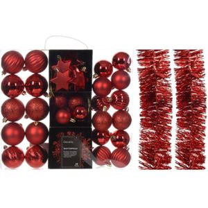 Kerstversiering set - rood - kerstballen, ornamenten en folie slingers - kunststof