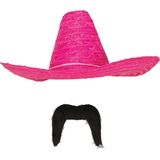 Carnaval verkleed set - Mexicaanse sombrero hoed met plaksnor - roze - heren