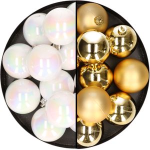 24x stuks kunststof kerstballen mix van goud en parelmoer wit 6 cm - Kerstversiering