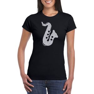 Zilveren saxofoon / muziek t-shirt / kleding - zwart - voor dames - muziek shirts / muziek liefhebber / jazz / saxofonisten outfit