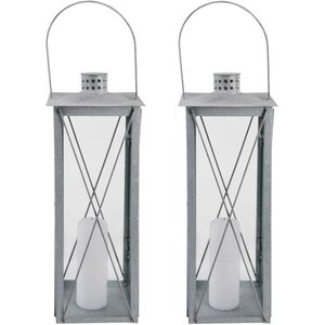 Set van 2x stuks zilveren tuinlantaarn/windlicht van zink 19,8 x 19,8 x 51,3 cm - Tuinverlichting - Kaarsenhouders