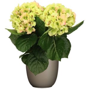 Hortensia kunstplant/kunstbloemen 36 cm - groen/roze - in pot taupe mat - Kunst kamerplant