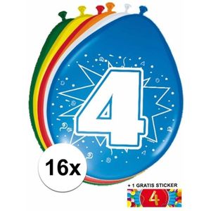 Ballonnen 4 jaar van 30 cm 16 stuks + gratis sticker