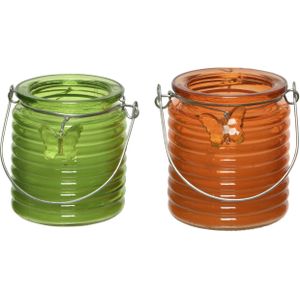 Citronella kaars - 2x - in windlicht - groen en oranje - 20 branduren - citrusgeur
