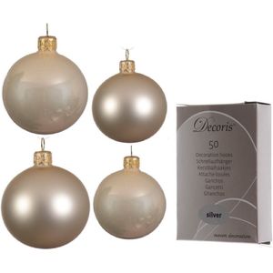 Compleet glazen kerstballen pakket champagne glans/mat 38x stuks - 18x 4 cm en 20x 6 cm - Inclusief 50x haakjes