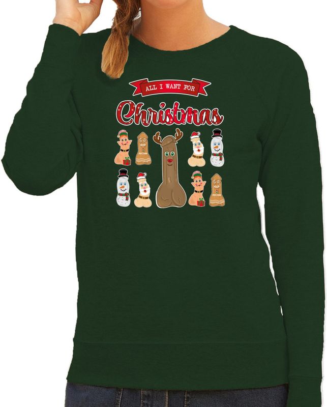 Bellatio Decorations foute kersttrui/sweater dames - All I want for Christmas - groen - piemel/penis