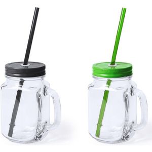 4x stuks Glazen Mason Jar drinkbekers met dop en rietje 500 ml - 2x zwart/2x groen - afsluitbaar/niet lekken/fruit shakes