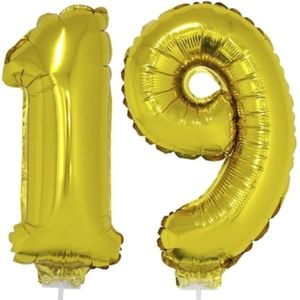 19 jaar leeftijd feestartikelen/versiering cijfers ballonnen op stokje van 41 cm - Combi van cijfer 19 in het goud