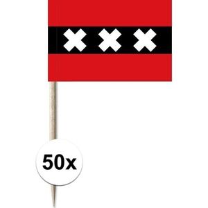 50x Cocktailprikkers Amsterdam 8 cm vlaggetje stad decoratie - Houten spiesjes met papieren Ajax vlaggetje - Wegwerp prikkertjes