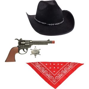 Funny Fashion - Carnaval verkleed set cowboyhoed zwart - rode zakdoek en pistool