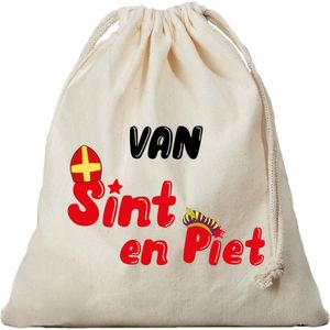 1x Van Sint en Piet cadeauzakje met sluitkoord - katoenen / jute zak - Sinterklaas kadozak voor pakjesavond
