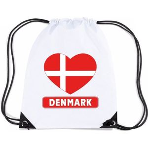 Denemarken nylon rijgkoord rugzak/ sporttas wit met Denemarkse vlag in hart