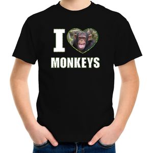 I love monkeys t-shirt met dieren foto van een Chimpansee aap zwart voor kinderen - cadeau shirt apen liefhebber - kinderkleding / kleding