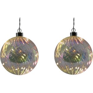 2x stuks verlichte glazen kerstballen met 10 lampjes transparant parelmoer 12 cm - Decoratie kerstballen met licht